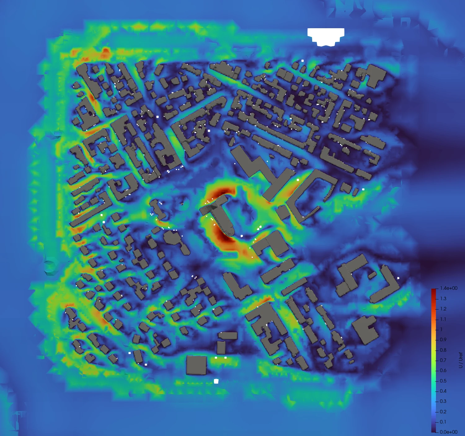 Pedestrian wind-comfort field computed across an urban block
